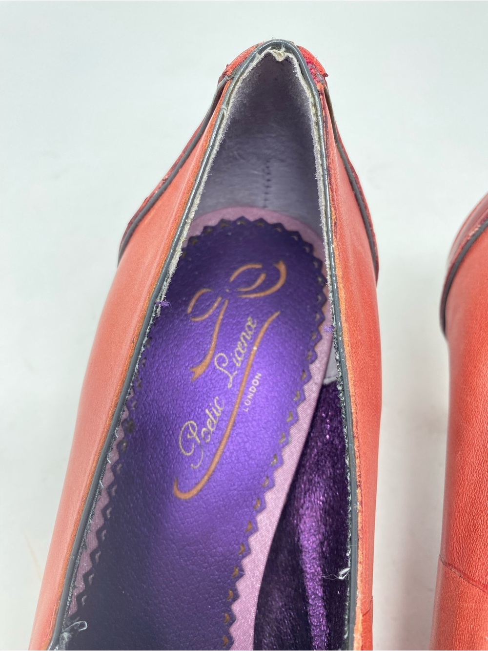Poetic License Love Letter Mary Jane Red Leather Heels Gray Fabric Trim Retro - Picture 9 of 12